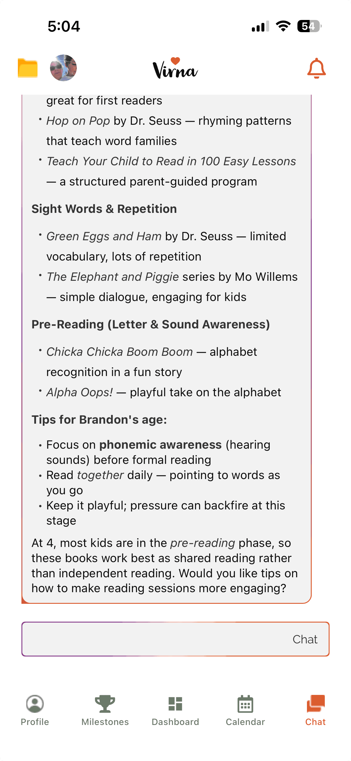 Virna AI chat providing personalized book recommendations