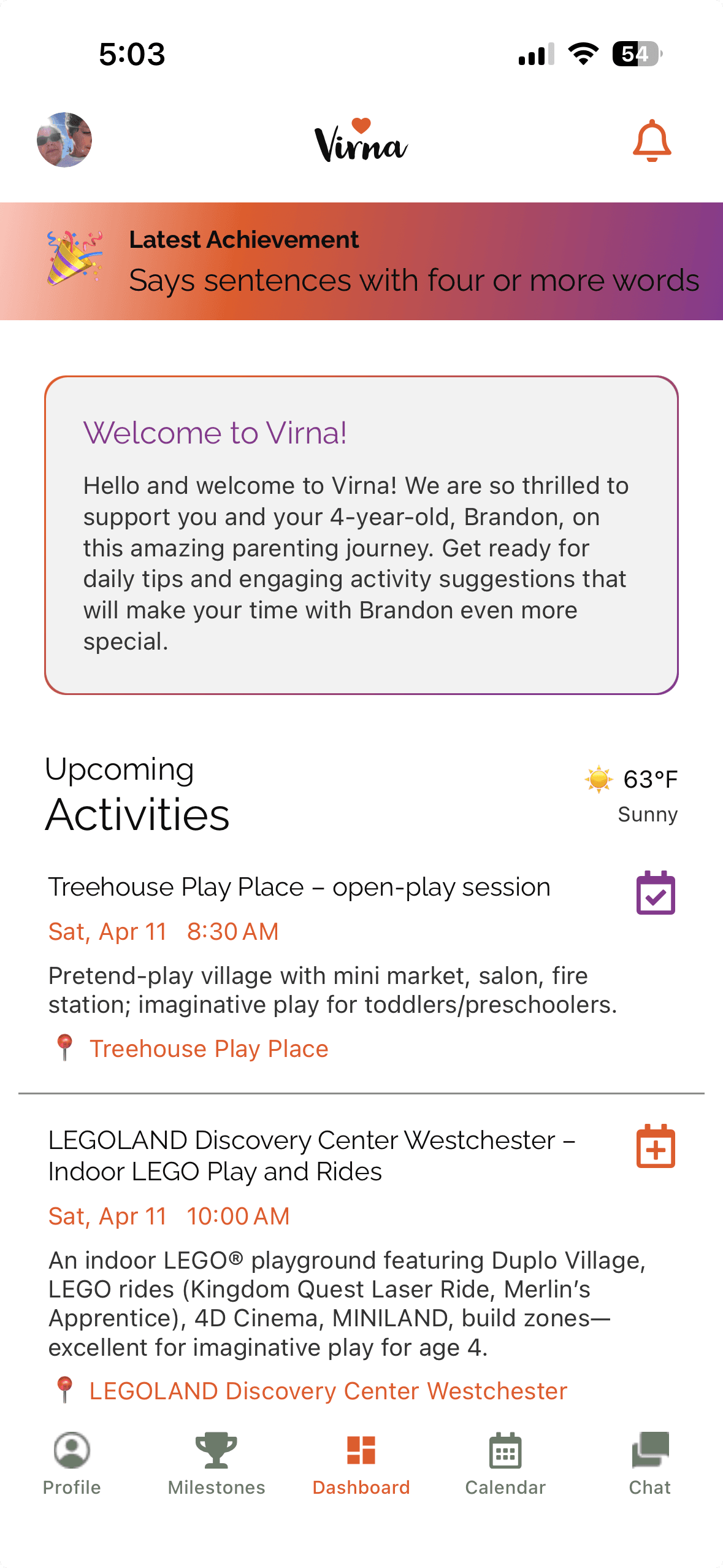 Virna dashboard showing upcoming activities and latest achievement