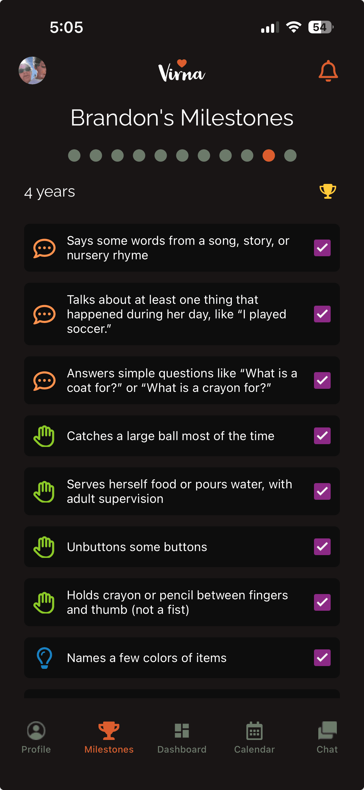 Virna milestones tracker showing developmental checkpoints